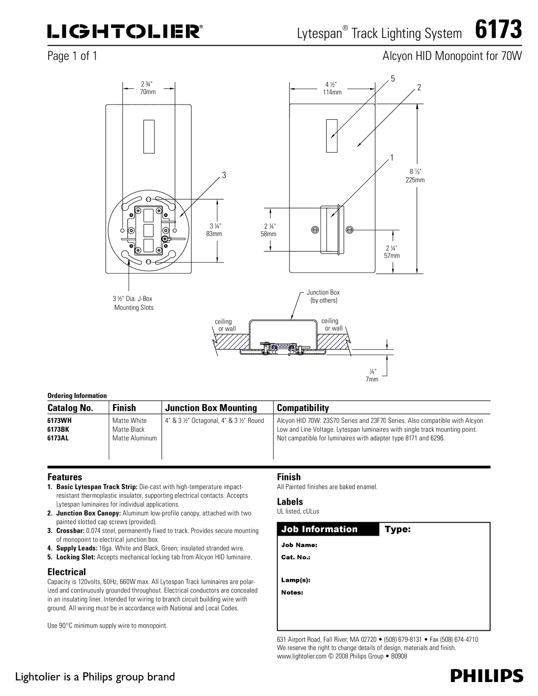 Lightolier 6173 manual Lytespan Track Lighting System , Alcyon HID Monopoint for 70W 